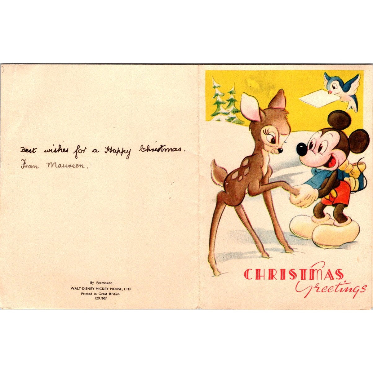 Vintage Disney Christmas Greeting Card Bambi Mickey Mouse AI9-H4