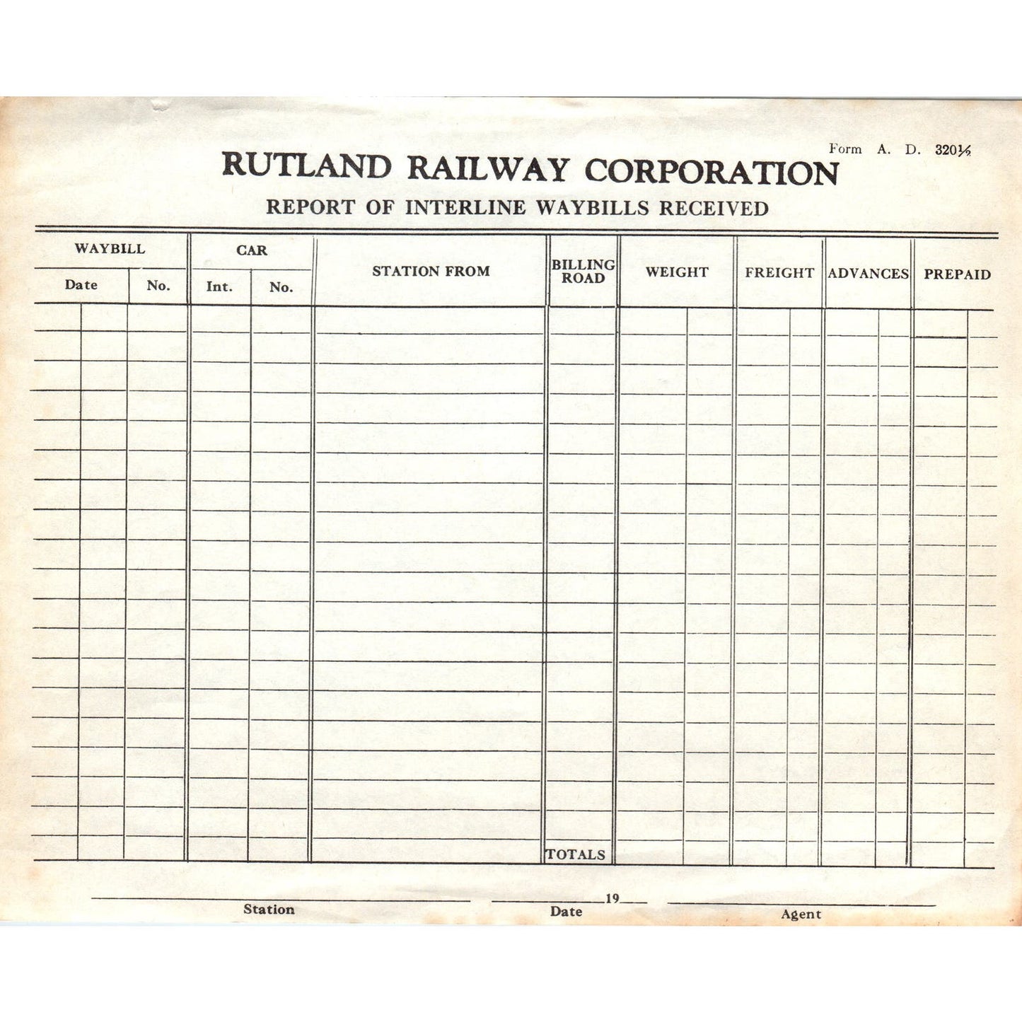 Rutland Railway Corporation Report of Interline Waybills Received Form AE9-X3