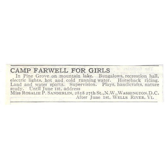 Camp Farwell for Girls Rosalie P. Sanderlin Mountain Lake c1918 Advert AE5-SA9