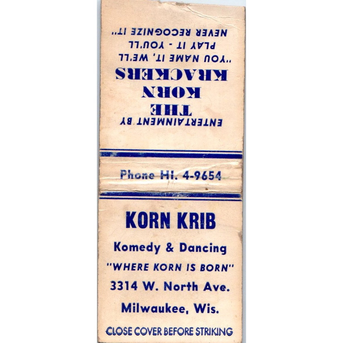 Korn Krib Comedy & Dancing Milwaukee Vintage Matchbook Cover SF4-Y4
