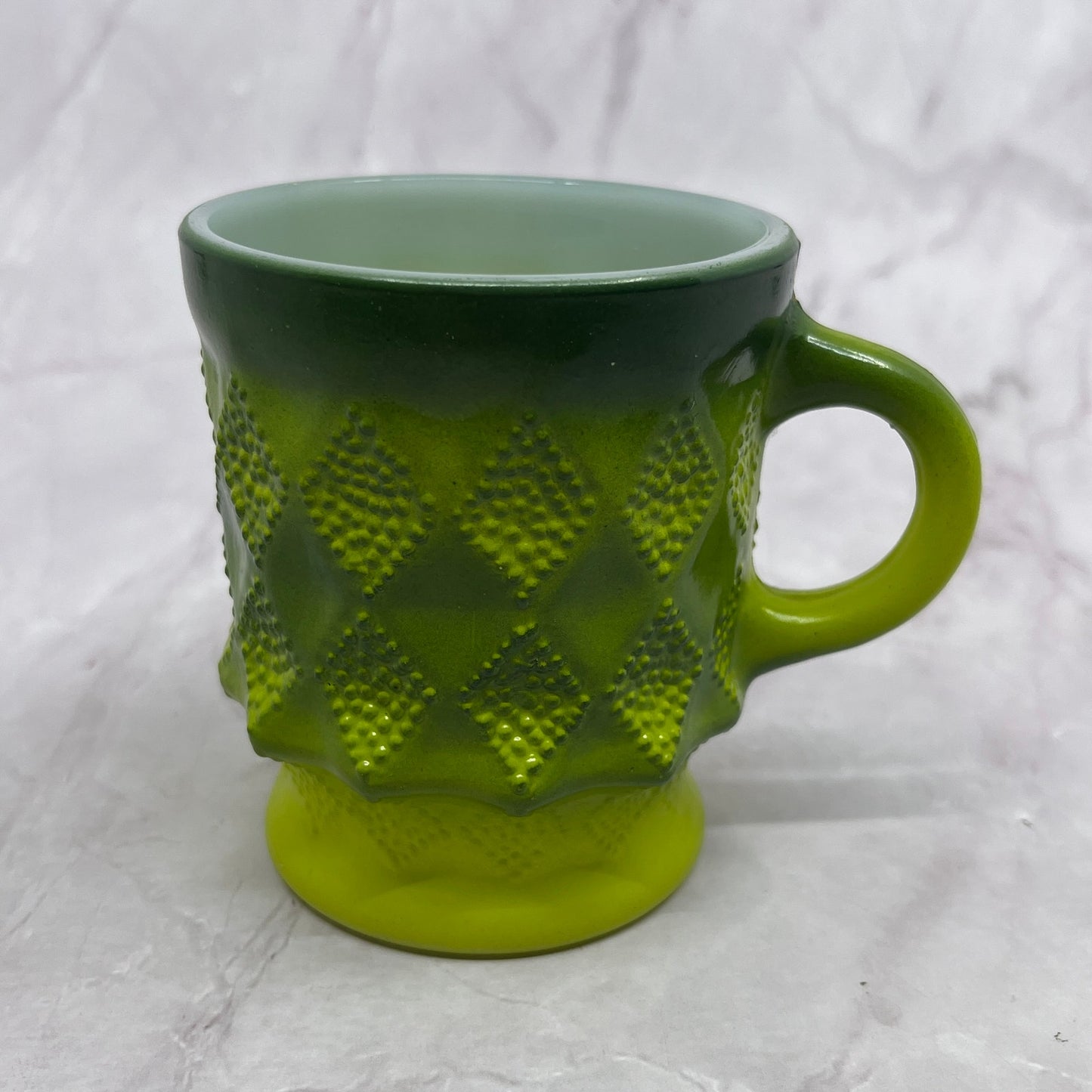 Vintage Fire King Ombre Green Kimberly Diamond Milk Glass Mug Cup TC5