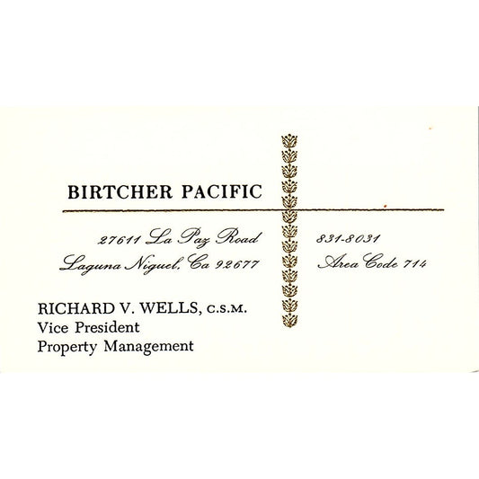 Richard V Wells Birtcher Pacific Laguna Niguel CA Vintage Business Card SE3-B14