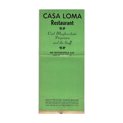 Casa Loma Restaurant Carl Magliocchetti Hartford CT Jumbo Matchbook TB6-MB2-10