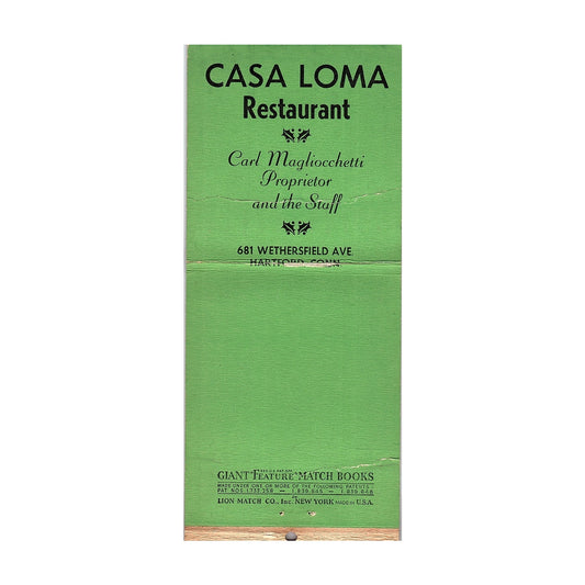 Casa Loma Restaurant Carl Magliocchetti Hartford CT Jumbo Matchbook TB6-MB2-10