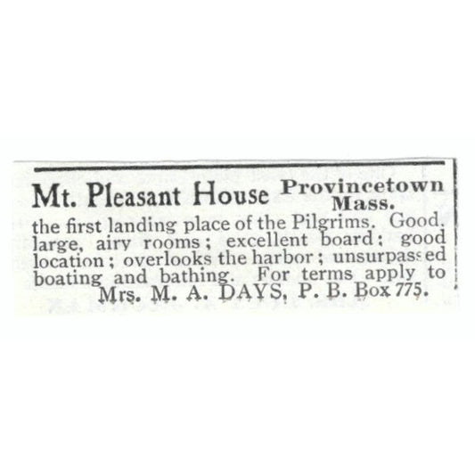 Mt. Pleasant House Provincetown MA M.A. Days 1918 Original Advertisement AE5-SV5