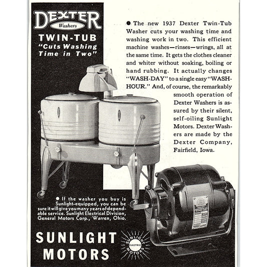 Dexter Twin Tubs Washers General Motors Sunlight Electrical 1937 Ad SAG4-3