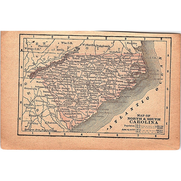 Antique 1889 Map of North and South Carolina 1889 Pocket Map Engraving ...