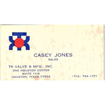 Casey Jones TK Valve & Mfg Inc Houston Vintage Business Card SC9-B13