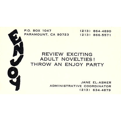 Enjoy Adult Novelties Jane El-Asmer Paramount CA Vintage Business Card SF3-B2