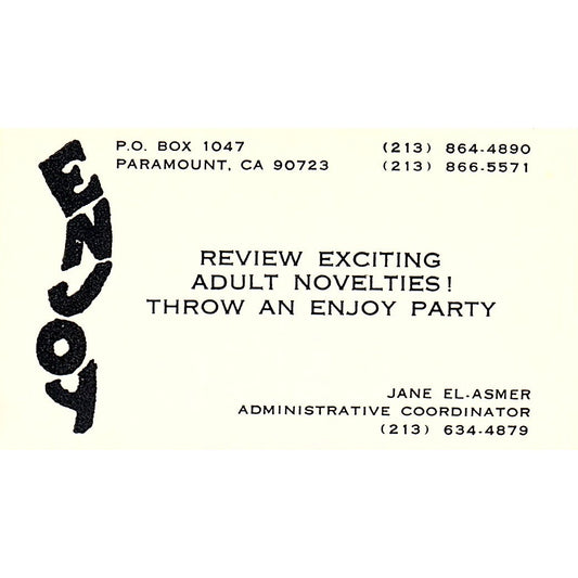 Enjoy Adult Novelties Jane El-Asmer Paramount CA Vintage Business Card SF3-B2