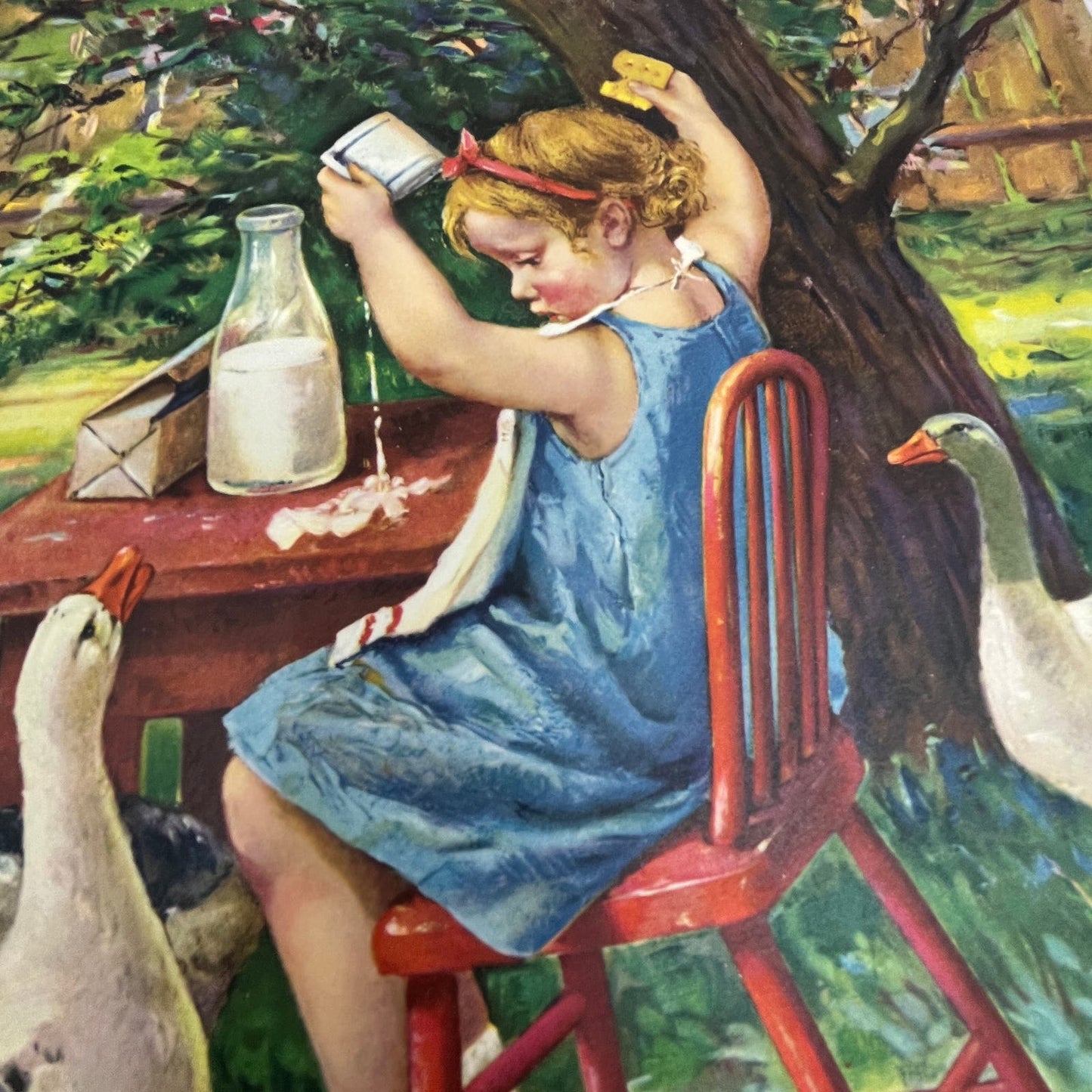 1935 Uninvited Guests Girl With Geese Art Print Lithograph 10x12 FL6-3