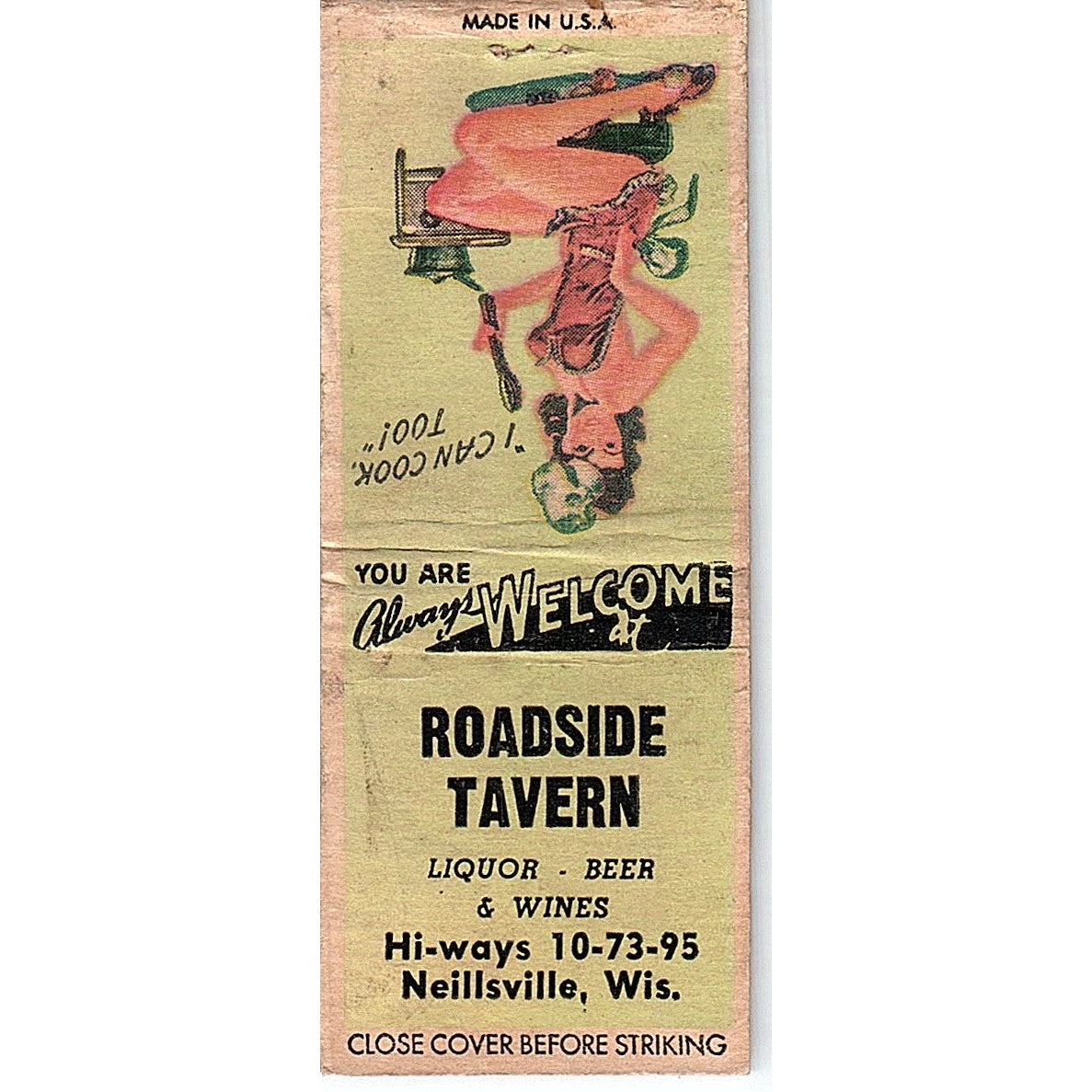 Roadside Tavern Neillsville WI Pinup Vintage Matchbook Cover SC7-Y9