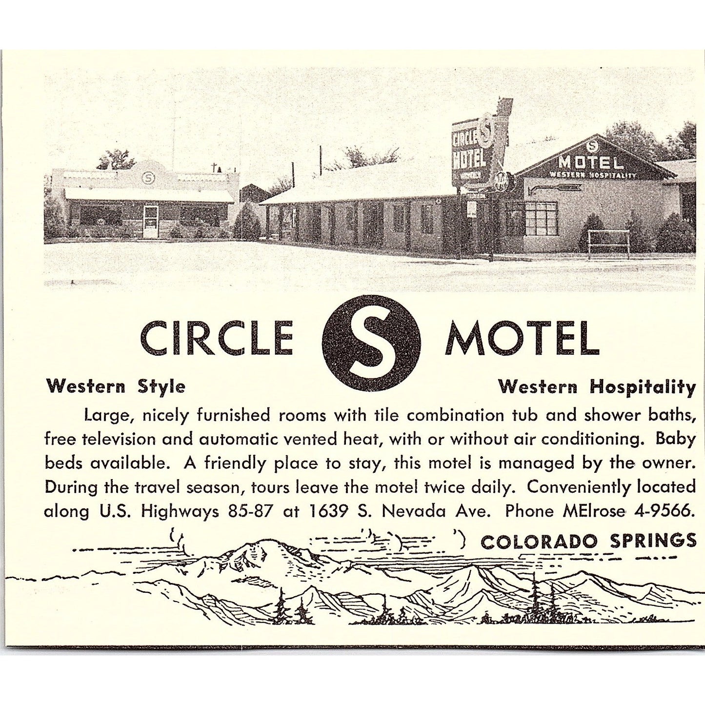 Circle S Motel, Blue Moon Lodge Colorado Springs CO 1958 Ad AG1-H2