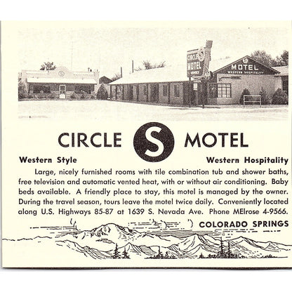 Circle S Motel, Blue Moon Lodge Colorado Springs CO 1958 Ad AG1-H2
