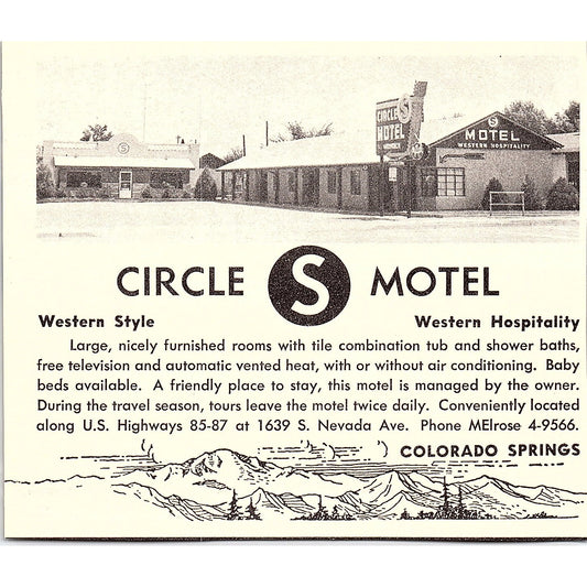 Circle S Motel, Blue Moon Lodge Colorado Springs CO 1958 Ad AG1-H2