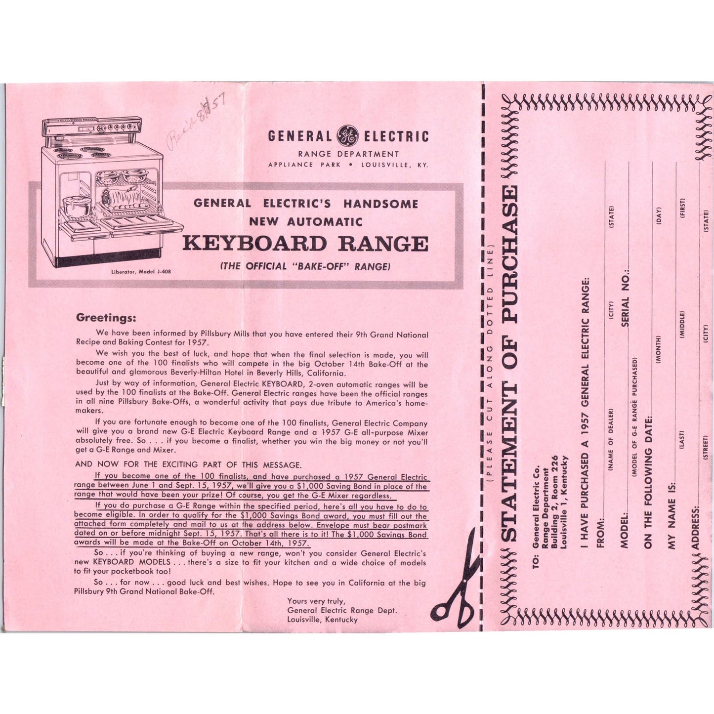 1957 GE Automatic Keyboard Range & Pillsbury Bake-Off Leaflet Mailer AE2
