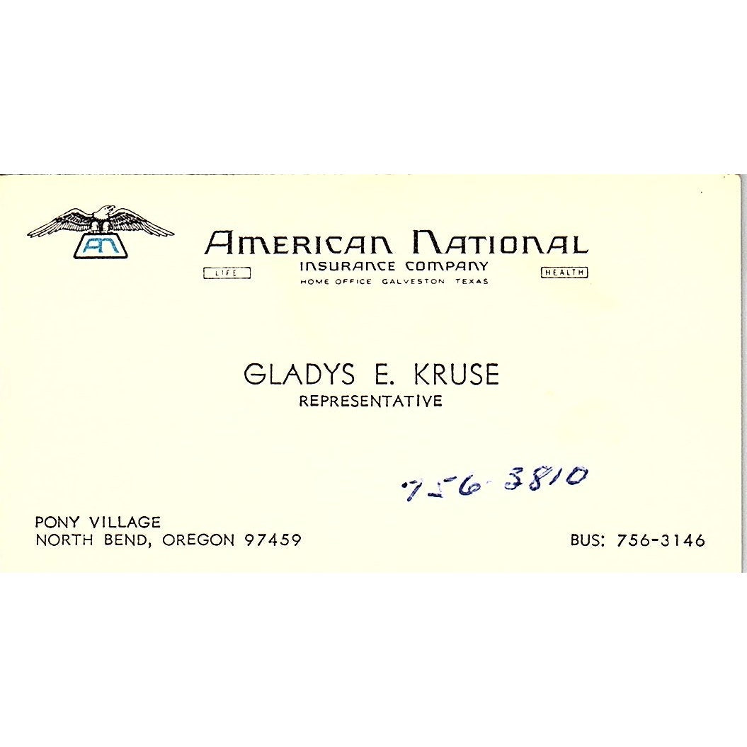 Gladys E Kruse American National North Bend OR Vintage Business Card SD9-B8