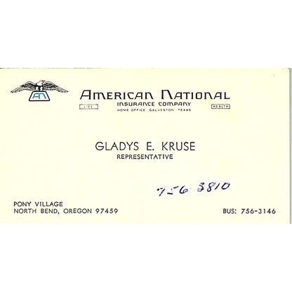 Gladys E Kruse American National North Bend OR Vintage Business Card SD9-B8