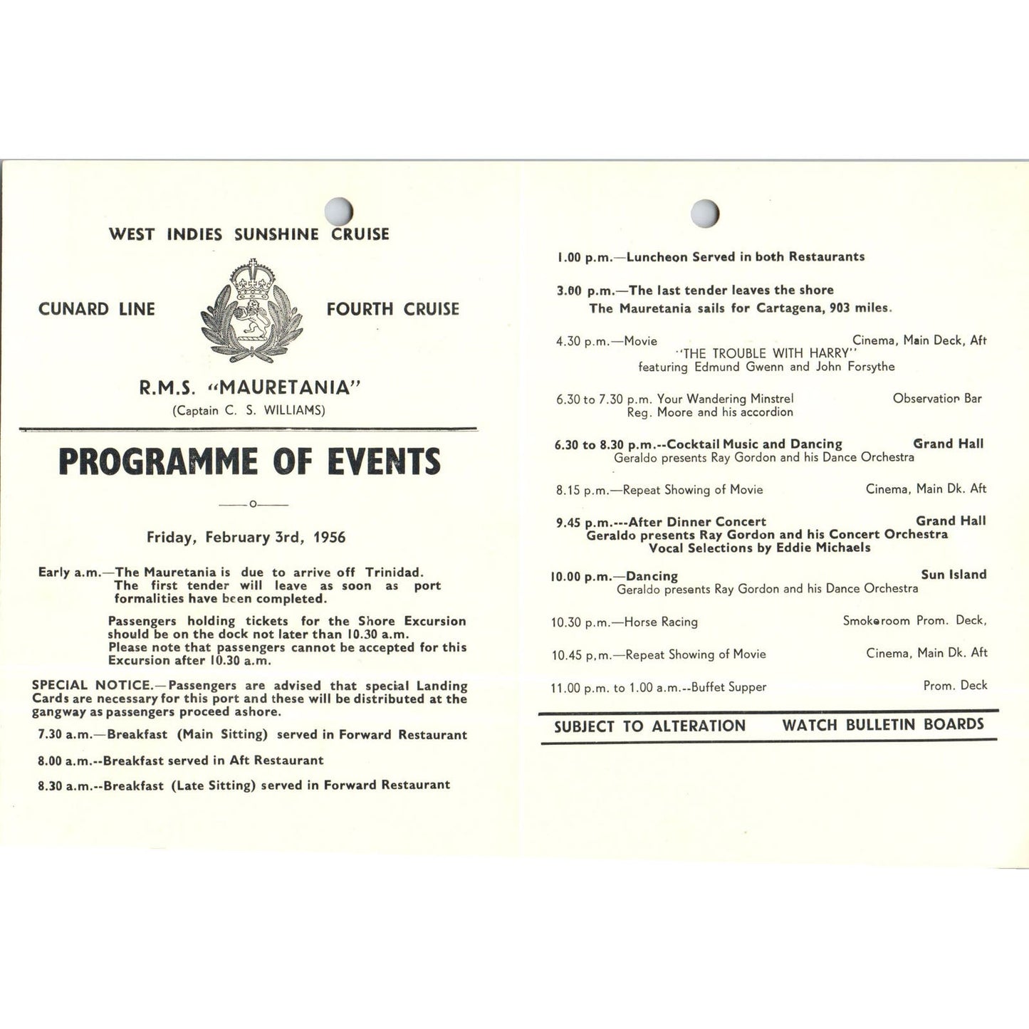 1956 Feb 3rd RMS Mauretania Cunard Line Program Capt. C.S. Williams AB9