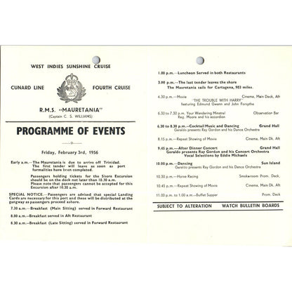 1956 Feb 3rd RMS Mauretania Cunard Line Program Capt. C.S. Williams AB9
