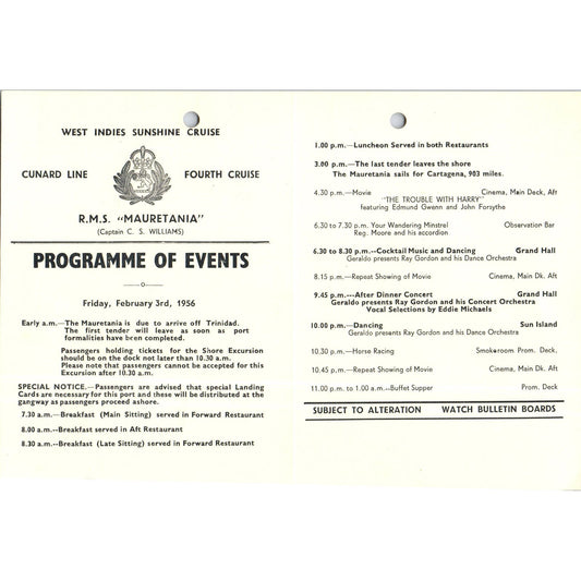 1956 Feb 3rd RMS Mauretania Cunard Line Program Capt. C.S. Williams AB9