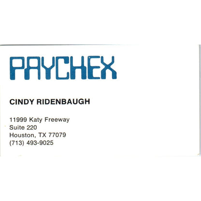 Cindy Ridenbaugh Paychex Houston TX Vintage Business Card SD8-B16