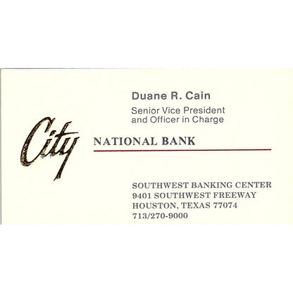 Duane R Cain City National Bank Houston Vintage Business Card SC9-B5