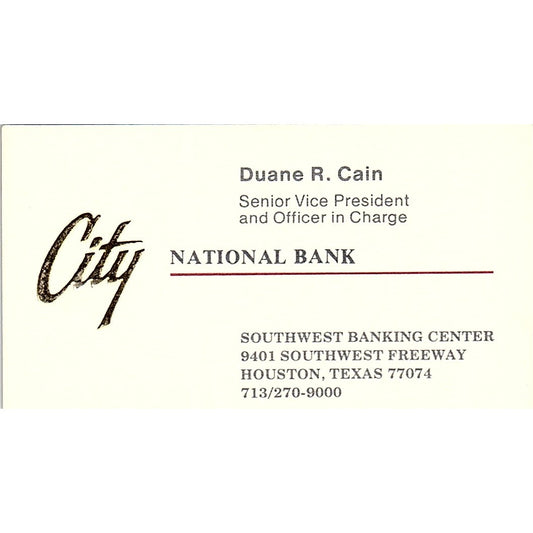 Duane R Cain City National Bank Houston Vintage Business Card SC9-B5