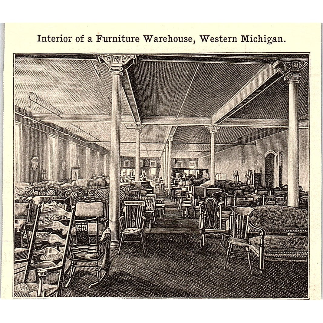 Interior of Furniture Warehouse Western Michigan 3x3.5" 1901 Engraving AF6-M10