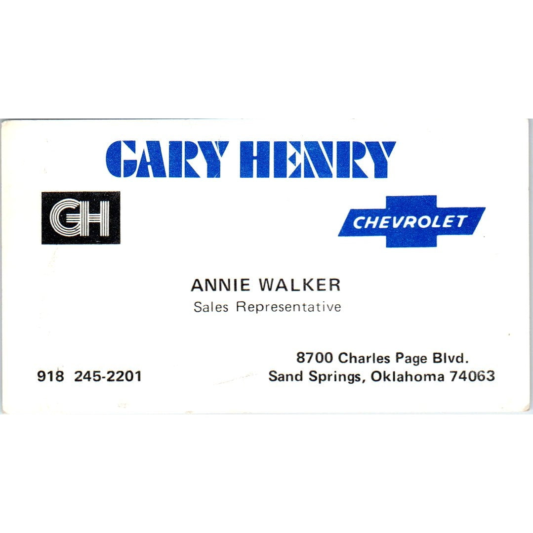 Annie Walker Gary Henry Chevrolet Sand Springs OK Vintage Business Card SE3-B7