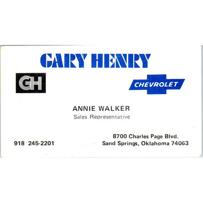 Annie Walker Gary Henry Chevrolet Sand Springs OK Vintage Business Card SE3-B7