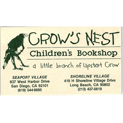 Crow's Nest Children's Bookshop Long Beach Vintage Business Card SD9-B11