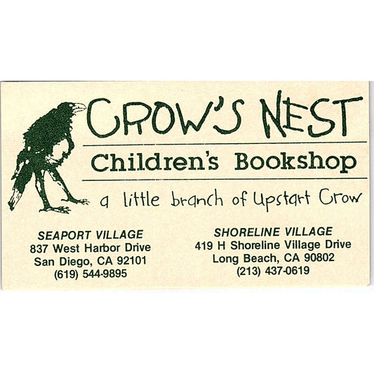 Crow's Nest Children's Bookshop Long Beach Vintage Business Card SD9-B11