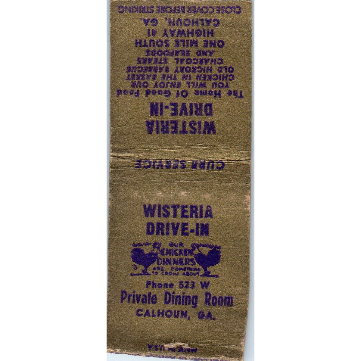 Wisteria Drive-In Calhoun Georgia Vintage Matchbook Cover SF4-Y5