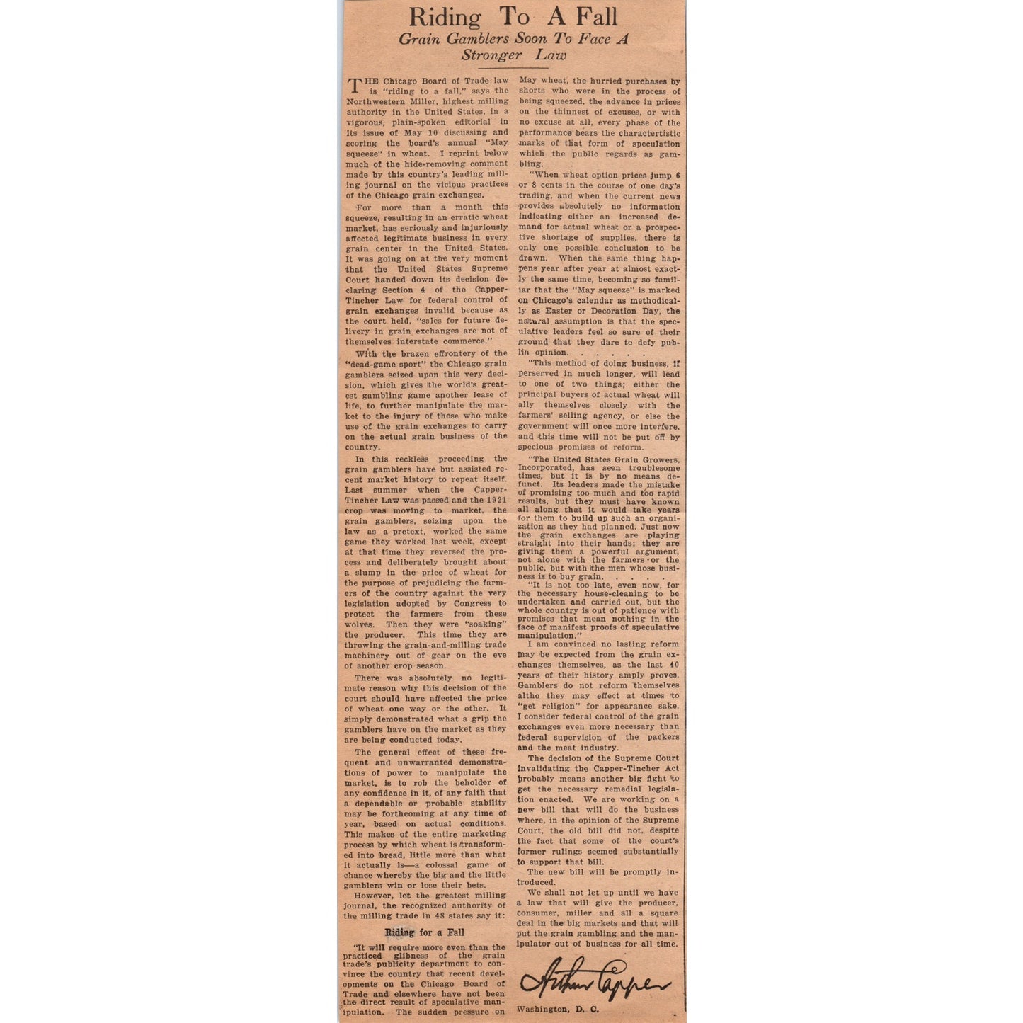 Grain Gamblers to Face Stronger Law Article 1922 Magazine Ad AF2-A5