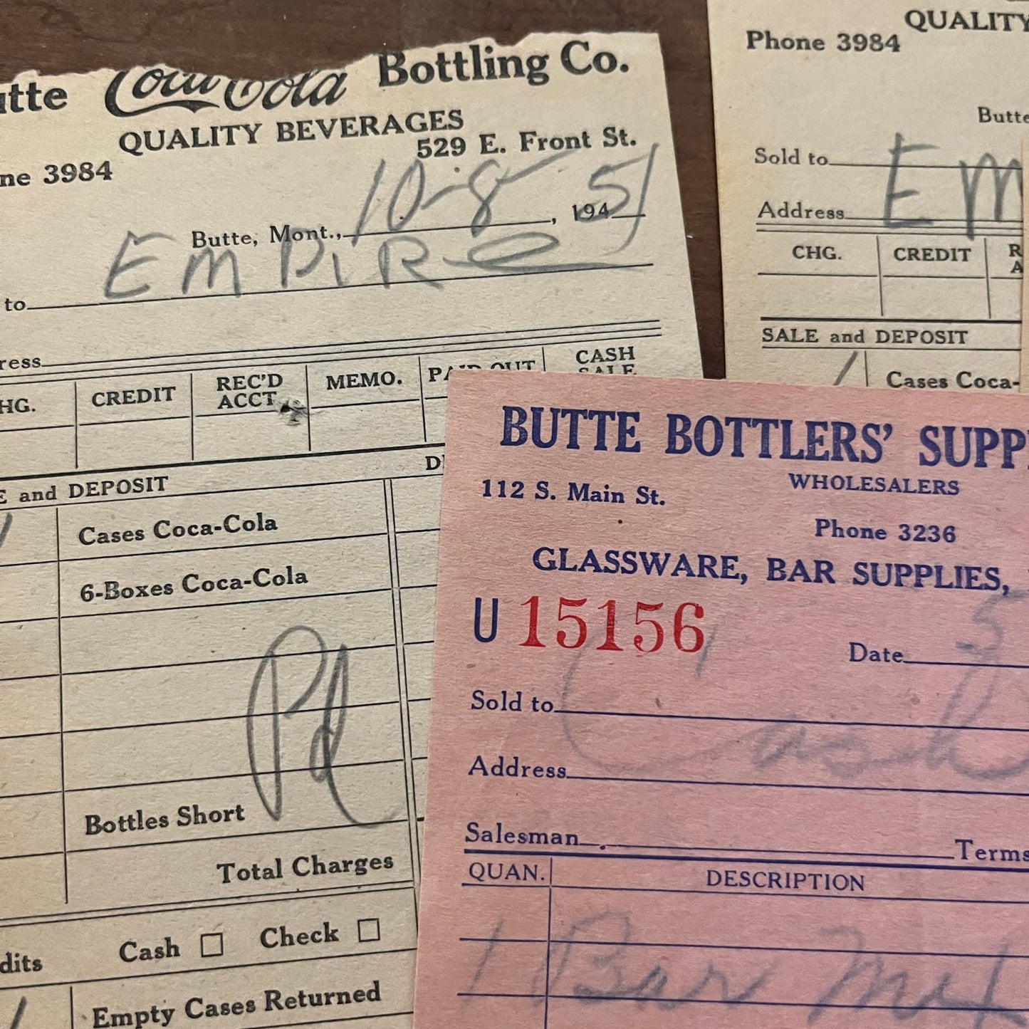 1950s Coca Cola Coke Receipt Lot of 4 Butte Bottler's Supply Co Montana AE8-4