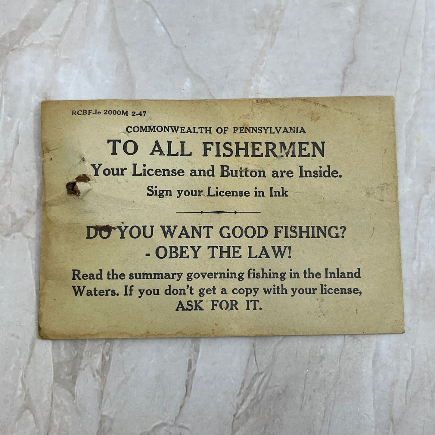 1940 Pennsylvania Resident Citizen Fishing License Badge & Envelope TF5-L3