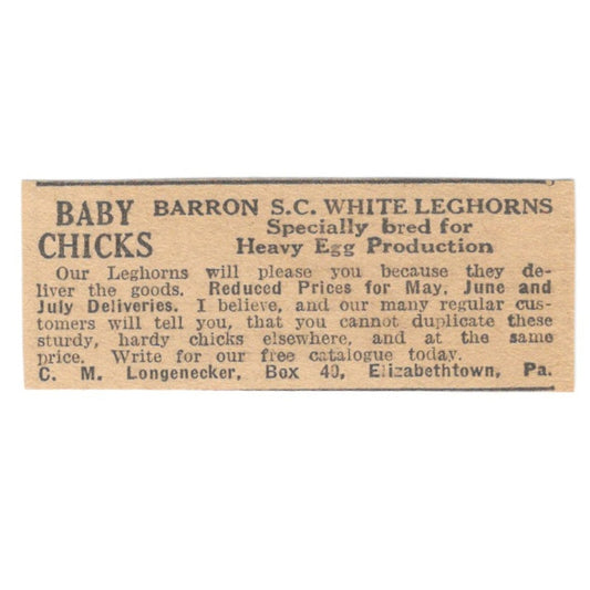 C.M. Longenecker Baby Chicks Leghorns Elizabethtown PA 1922 Magazine Ad AF2-T6