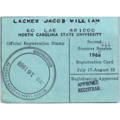 1968 July-Aug North Carolina State University Registration Stamped Card AF1