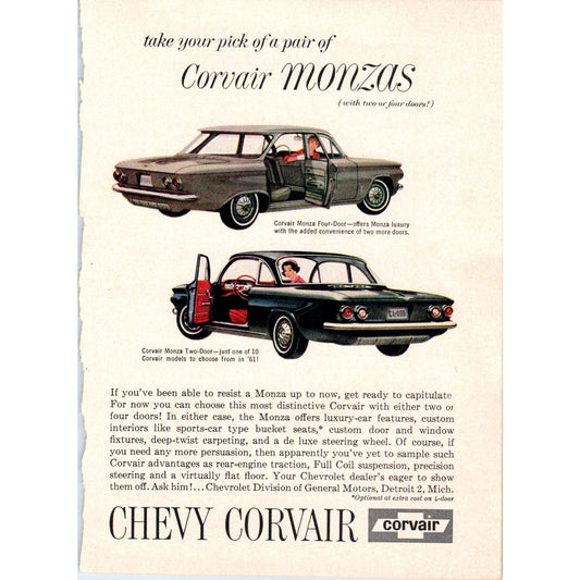 1961 Chevrolet Chevy Corvair Monza ~5x7 Vintage Magazine Ad AE2