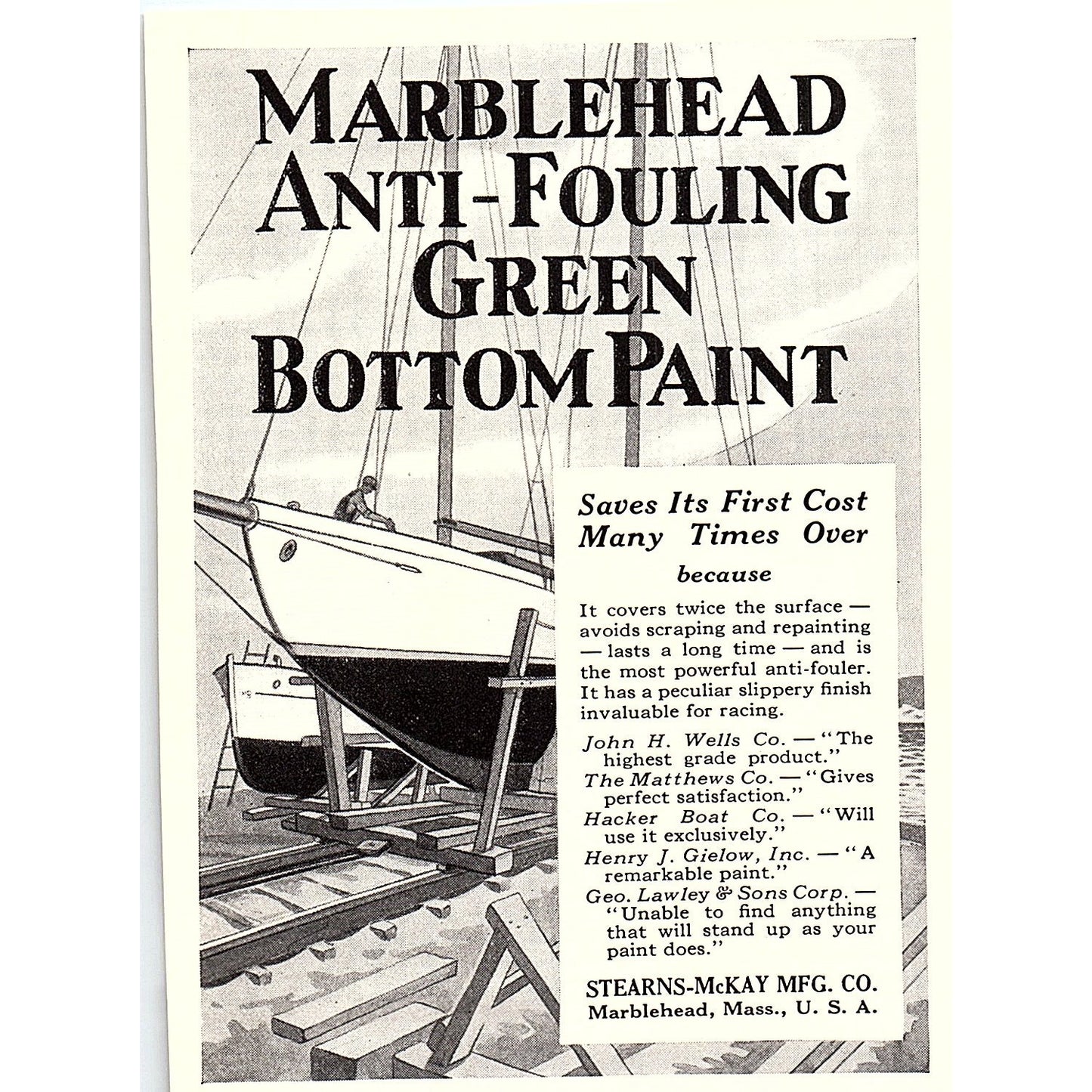 Marblehead Anti-Fouling Green Bottom Paint Stearns-Mckay Mfg MA 1932 Ad AG2-M17