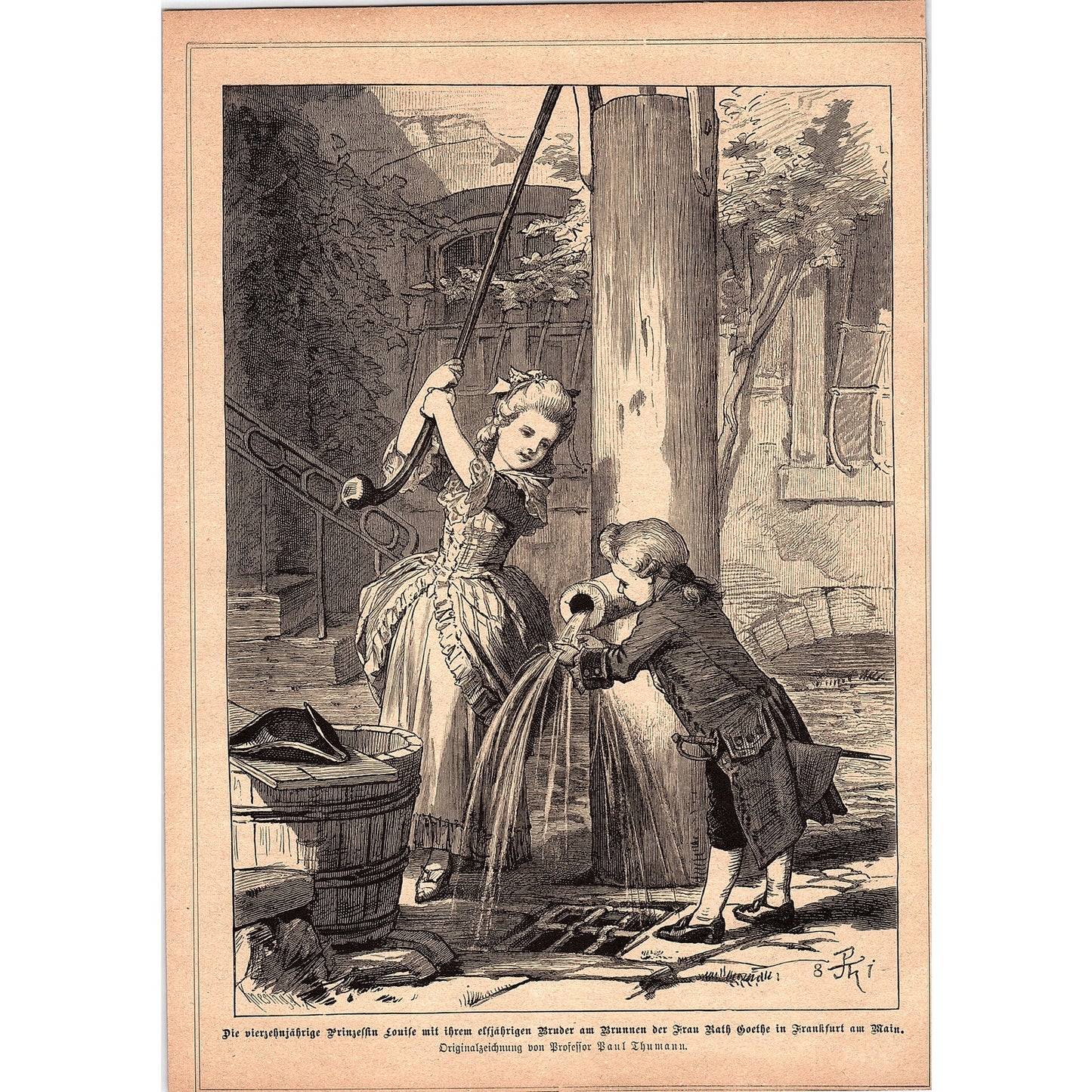 Princess Louise and Brother at the Fountain Paul Thumann 1892 Engraving V1-3