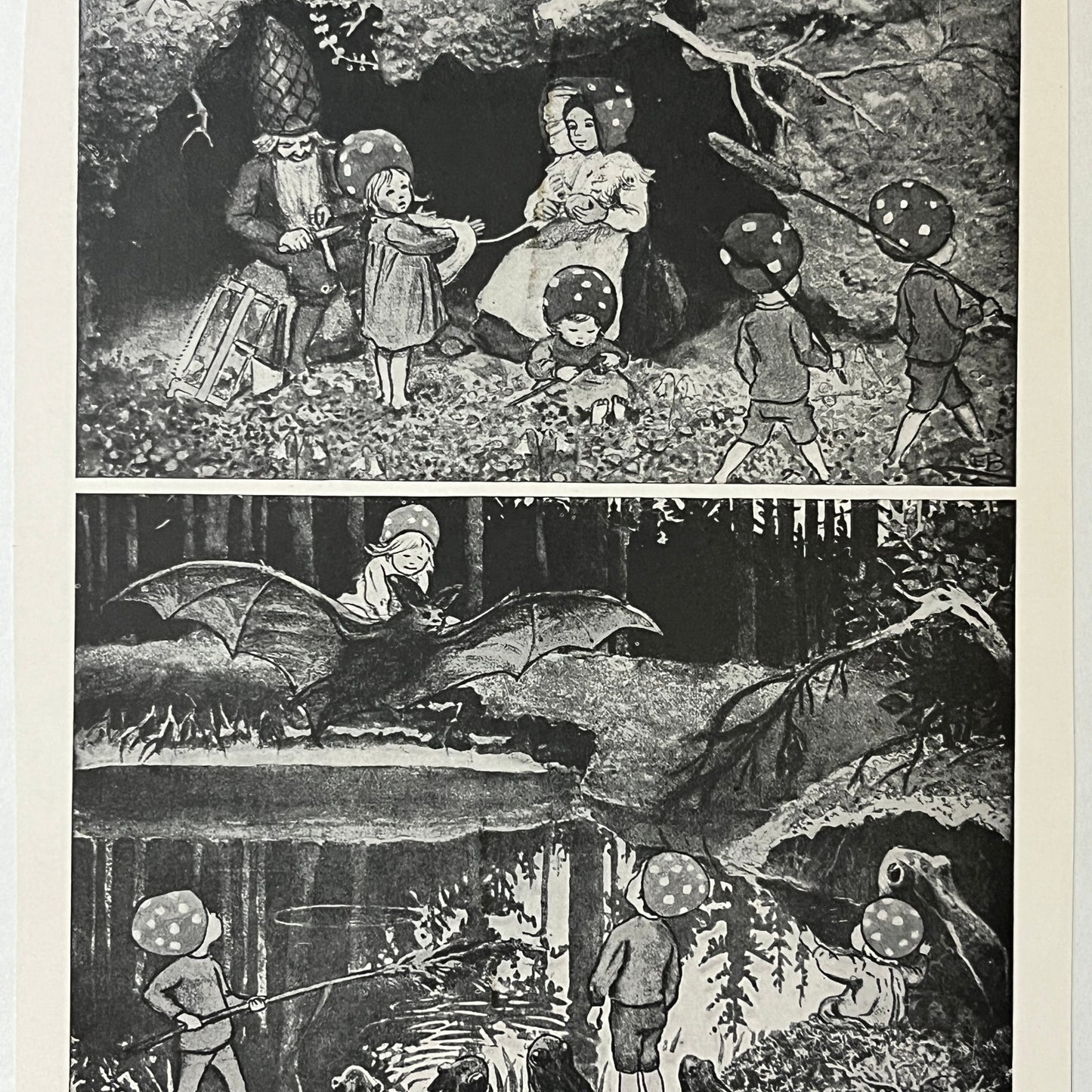 Vintage Children of the Forest by Elsa Beskow Black and White 6x7 Art Print V2