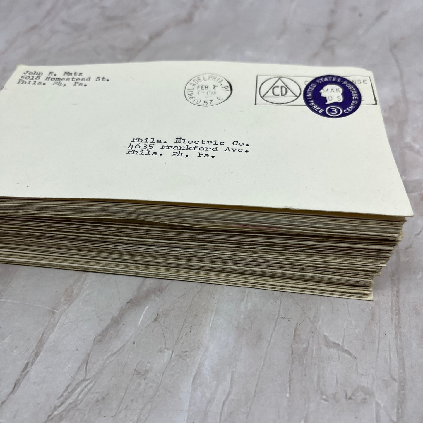 Huge Lot 50+ Philadelphia Electric Company 1957 Postal Cover Envelopes TG7-PEC1