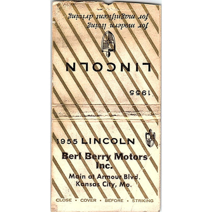 Berl Berry Motors 1955 Lincoln Kansas City MO Vintage Matchbook Cover SC7-Y1