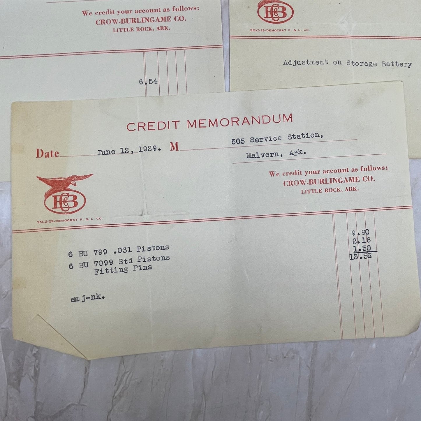 1929 Crow-Burlingame Co. Credit Memorandum Little Rock Malvern AR Lot of 3 AE4