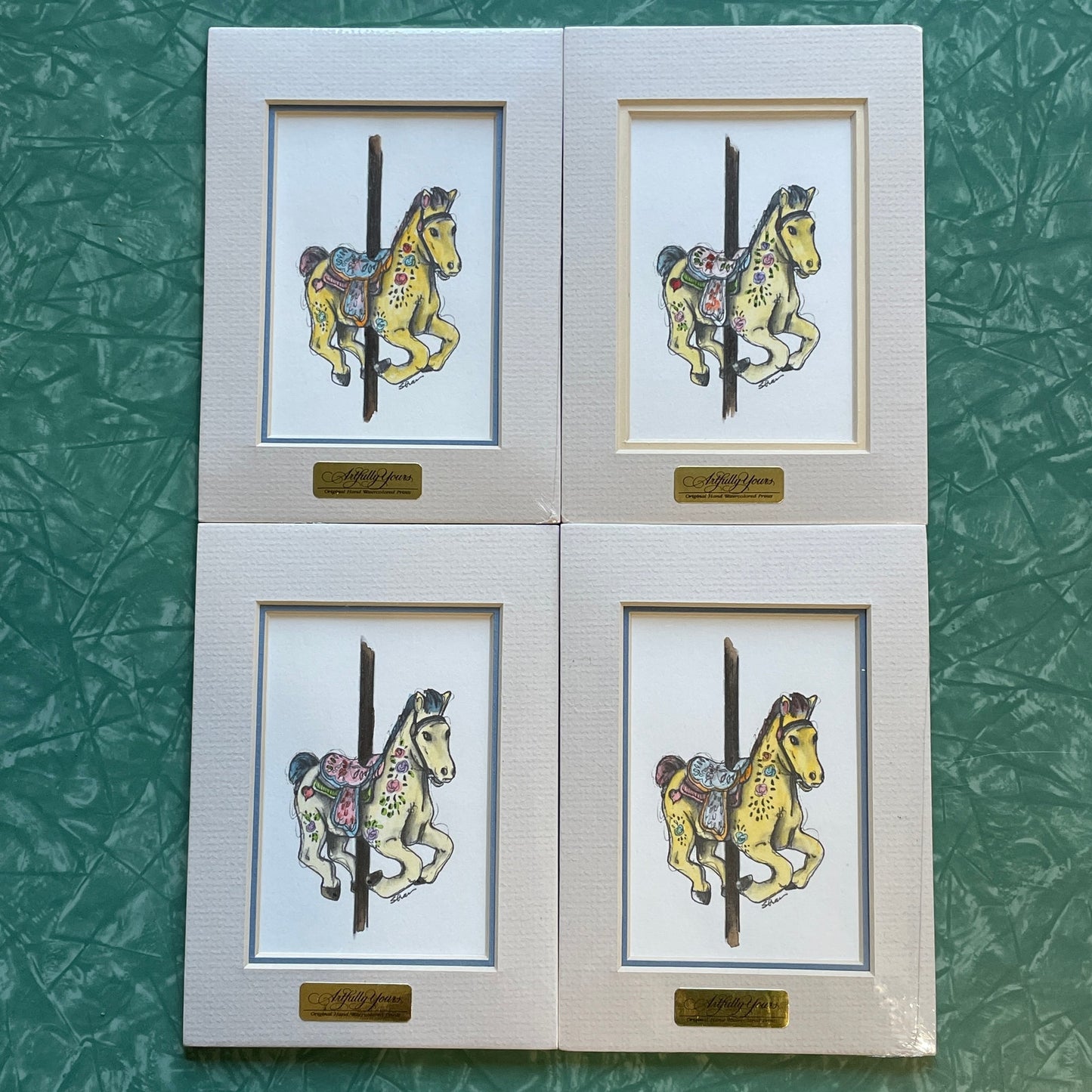 Yellow Carousel Horse 5x7 Matted Print Hand Watercolor, Signed Shar Coulson