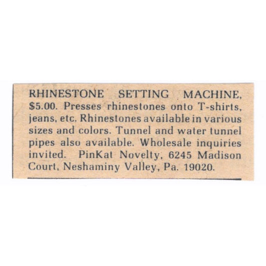 Rhinestone Setting Machine PinKat Novelty Neshaminy Valley 1/2x2 1974 Ad AF6-S5