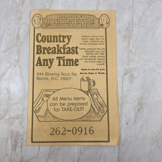 c1980 Mom n' Pop's Country Store and Restaurant Menu Boone NC TI8-S5