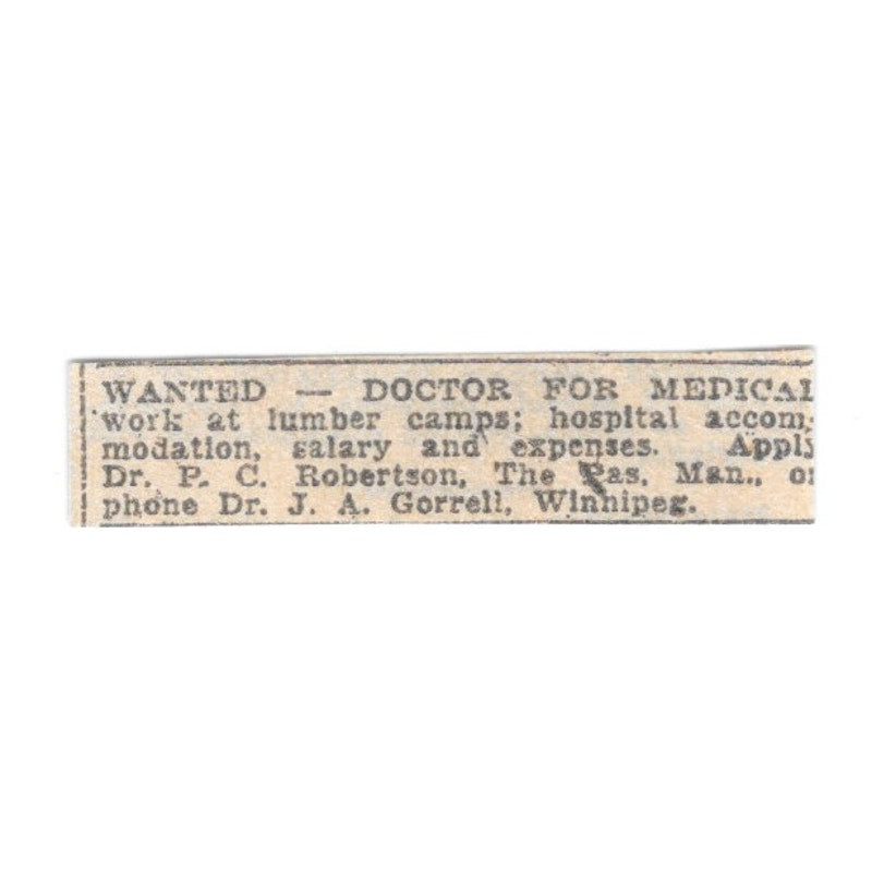 Dr. J.A. Gorrell, Dr. P.C. Robertson - Doctor Wanted Winnipeg 1920 Ad AG2-S14